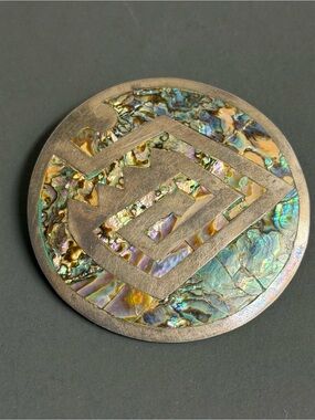Vintage Mexico Taxco 925 SS Round Mother of Pearl Inlay 2.5" Signed RJR 14 Grams